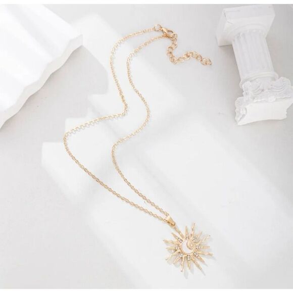 Gold Tone Sun and Moon Celestial Pendant Necklace 18" Adjustable - Picture 2 of 9